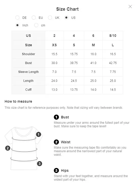 shein sizing chart